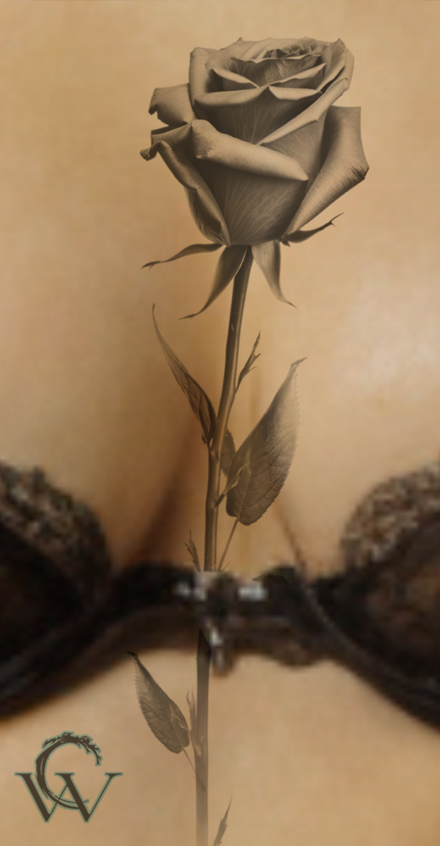 center torso, cleavage, sternum tattoo rose